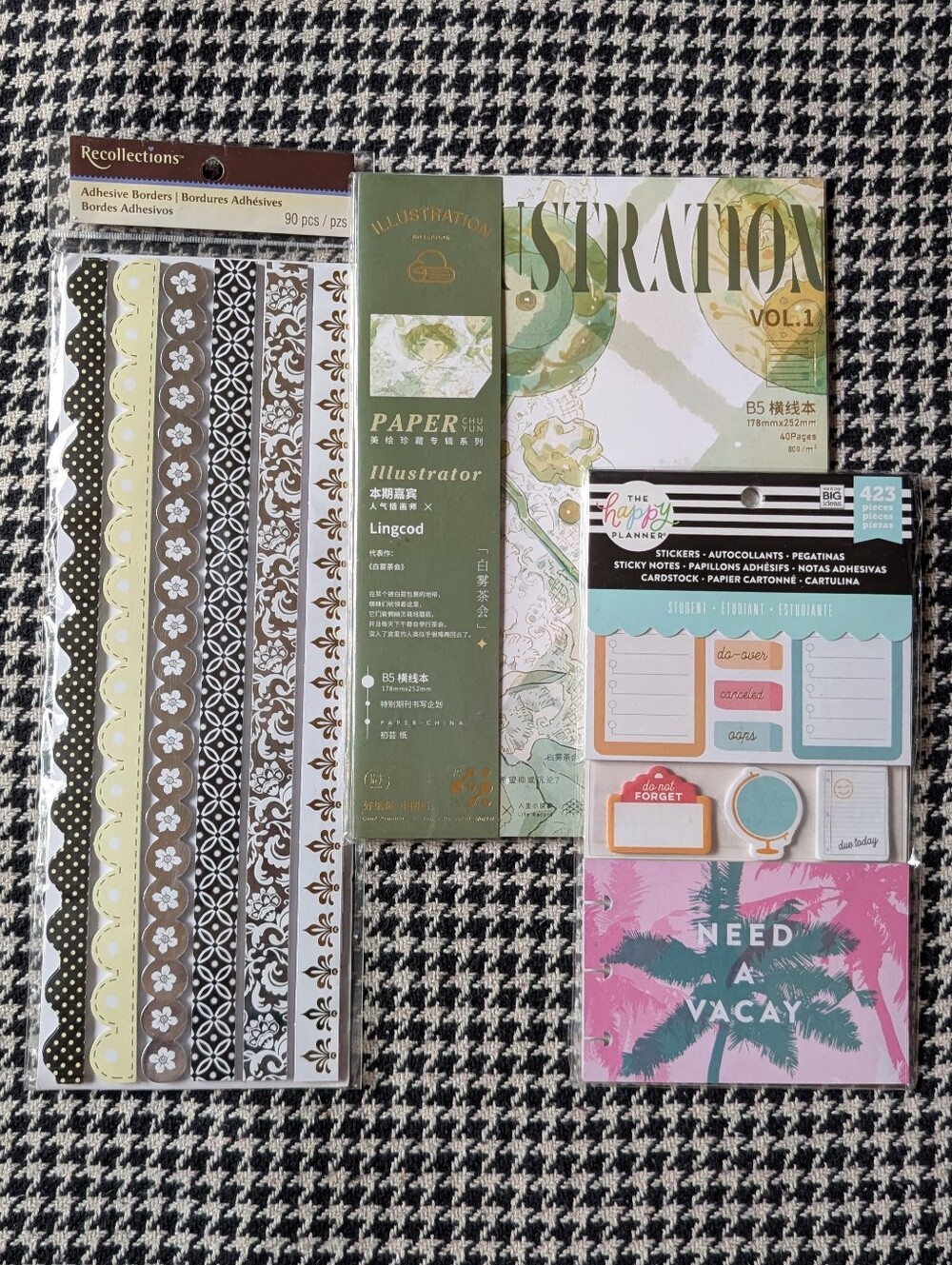 illustration notebook paper, adhesive borders, and planner sticker pack